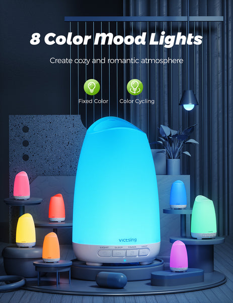 Victsing Essential Oil Diffuser, 150ml Aroma Diffuser Humidifier with Ultra-Quiet Sleep Mode, 8 Light Colors, 3H Timer, Waterless Auto-Off
