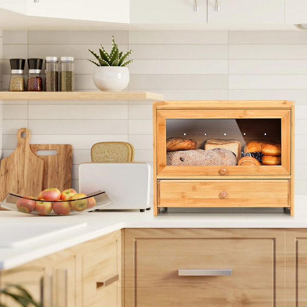 VicTsing Bamboo Bread Box, Corner Bread Box for Kitchen Countertop, Bread Box for Homemade Bread with Window, Bamboo Bread Box for Kitchen Countertop, Pantry Counter Corner