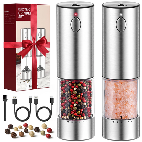 Electric Salt and Pepper Grinder Set, 6 Levels of Adjustable Coarseness, 95ml Auto Pepper Mill Grinder with 2*USB-C Charging Cable, 2 Grinding Speeds, LED White Light, for Kitchen & Outdoor, 2Pack