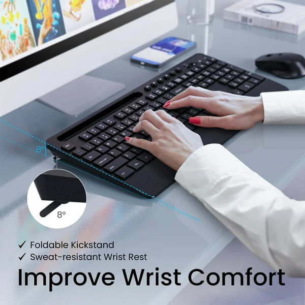Victsing Wireless Keyboard and Mouse Combo, 6-Button & 3 DPI Silent Wireless Mouse, Sleep Mode, Spill-Resistant, 10 Independent Shortcuts & Phone Holder, 2.4GHz Ergonomic Full Size Keyboard and Mouse