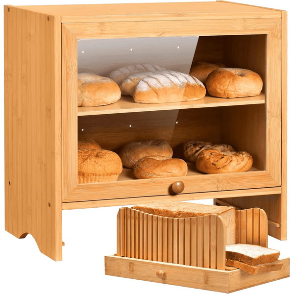 Bamboo Bread Box with Bread Slicer, Corner Bread Box for Kitchen Countertop, Bread Box for Homemade Bread with Window, Bamboo Bread Box for Kitchen Countertop, Pantry Counter Corner