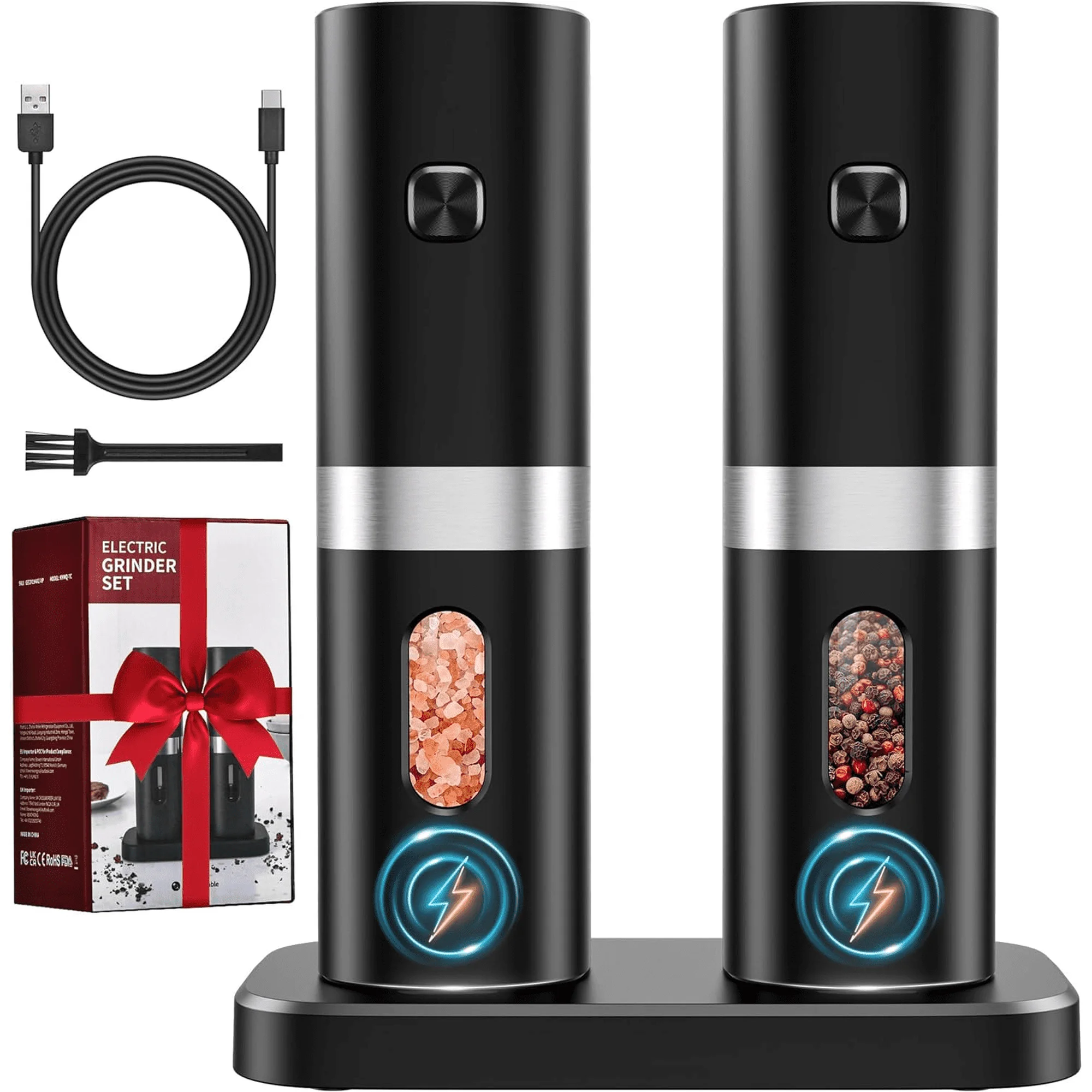 VicTsing Electric Salt and Pepper Grinder Set, Auto Pepper Mill Grinder with Charging Base & 4*Rechargeable Batteries, LED White Light, Adjustable Coarseness, for Kitchen & Outdoor, 2Pack