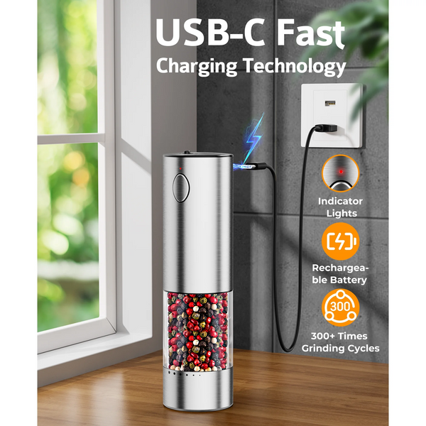 Electric Salt and Pepper Grinder Set, 6 Levels of Adjustable Coarseness, 95ml Auto Pepper Mill Grinder with 2*USB-C Charging Cable, 2 Grinding Speeds, LED White Light, for Kitchen & Outdoor, 2Pack