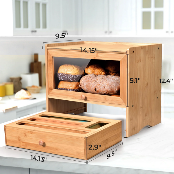 VicTsing Bamboo Bread Box, Corner Bread Box for Kitchen Countertop, Bread Box for Homemade Bread with Window, Bamboo Bread Box for Kitchen Countertop, Pantry Counter Corner