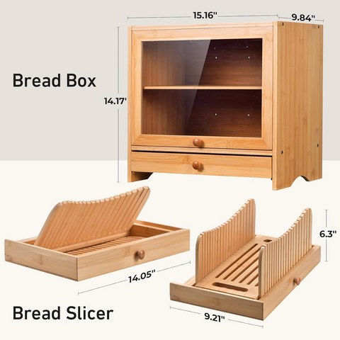Bamboo Bread Box with Bread Slicer, Corner Bread Box for Kitchen Countertop, Bread Box for Homemade Bread with Window, Bamboo Bread Box for Kitchen Countertop, Pantry Counter Corner