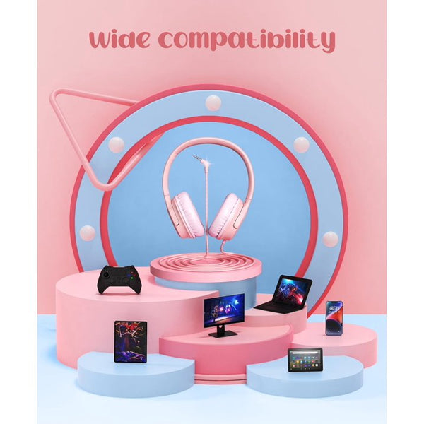 Mpow Kids Headphones for Girls/Boys/Children/Teens Adjustable, 94dB Safe Volume Foldable Stereo Tangle-Free Kids Headphones for School Airplane Travel Tablets, Over-Ear Headphones for Kids, Pink