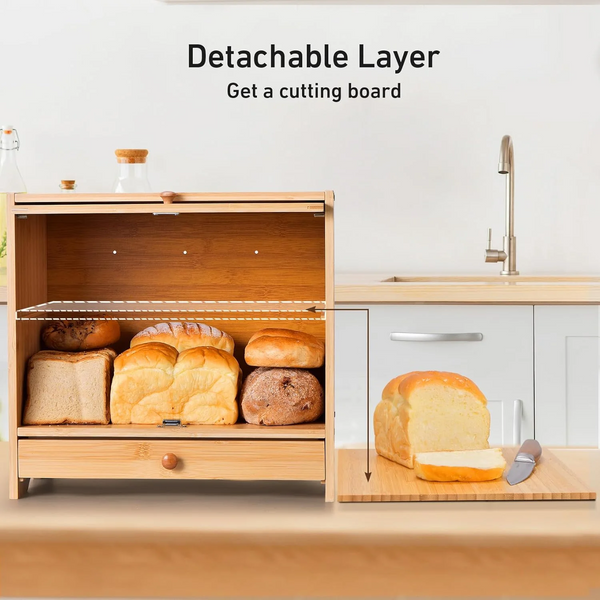 Bamboo Bread Box with Bread Slicer, Corner Bread Box for Kitchen Countertop, Bread Box for Homemade Bread with Window, Bamboo Bread Box for Kitchen Countertop, Pantry Counter Corner