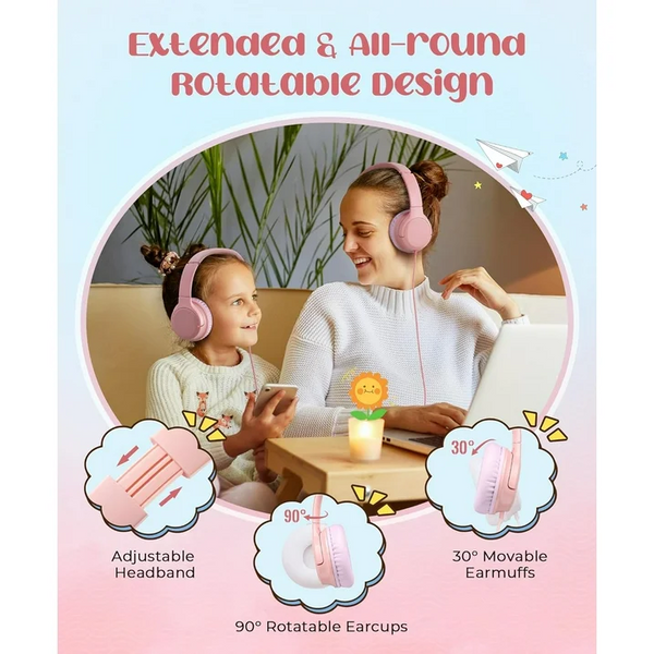 Mpow Kids Headphones for Girls/Boys/Children/Teens Adjustable, 94dB Safe Volume Foldable Stereo Tangle-Free Kids Headphones for School Airplane Travel Tablets, Over-Ear Headphones for Kids, Pink