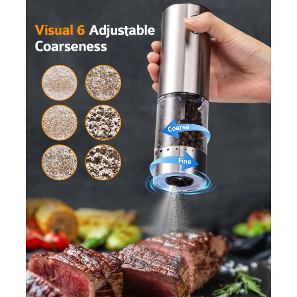 Electric Salt and Pepper Grinder Set, 6 Levels of Adjustable Coarseness, 95ml Auto Pepper Mill Grinder with 2*USB-C Charging Cable, 2 Grinding Speeds, LED White Light, for Kitchen & Outdoor, 2Pack