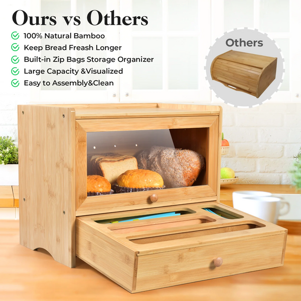 VicTsing Bamboo Bread Box, Corner Bread Box for Kitchen Countertop, Bread Box for Homemade Bread with Window, Bamboo Bread Box for Kitchen Countertop, Pantry Counter Corner