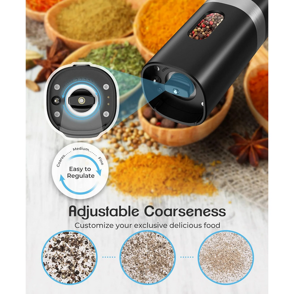 VicTsing Electric Salt and Pepper Grinder Set, Auto Pepper Mill Grinder with Charging Base & 4*Rechargeable Batteries, LED White Light, Adjustable Coarseness, for Kitchen & Outdoor, 2Pack