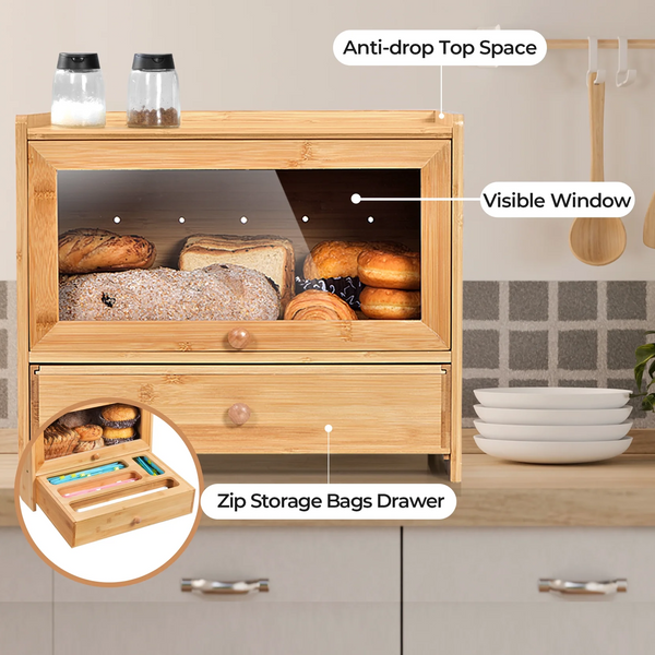VicTsing Bamboo Bread Box, Corner Bread Box for Kitchen Countertop, Bread Box for Homemade Bread with Window, Bamboo Bread Box for Kitchen Countertop, Pantry Counter Corner