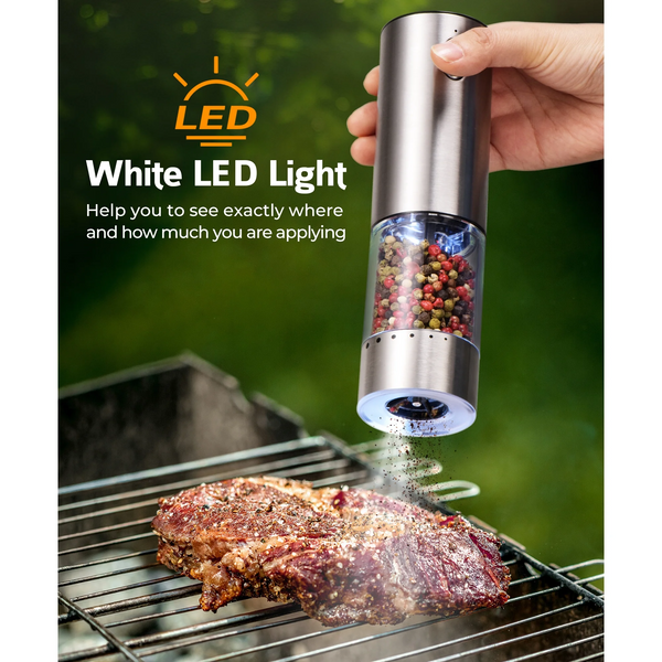 Electric Salt and Pepper Grinder Set, 6 Levels of Adjustable Coarseness, 95ml Auto Pepper Mill Grinder with 2*USB-C Charging Cable, 2 Grinding Speeds, LED White Light, for Kitchen & Outdoor, 2Pack