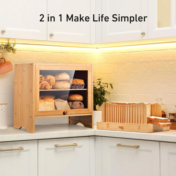 Bamboo Bread Box with Bread Slicer, Corner Bread Box for Kitchen Countertop, Bread Box for Homemade Bread with Window, Bamboo Bread Box for Kitchen Countertop, Pantry Counter Corner