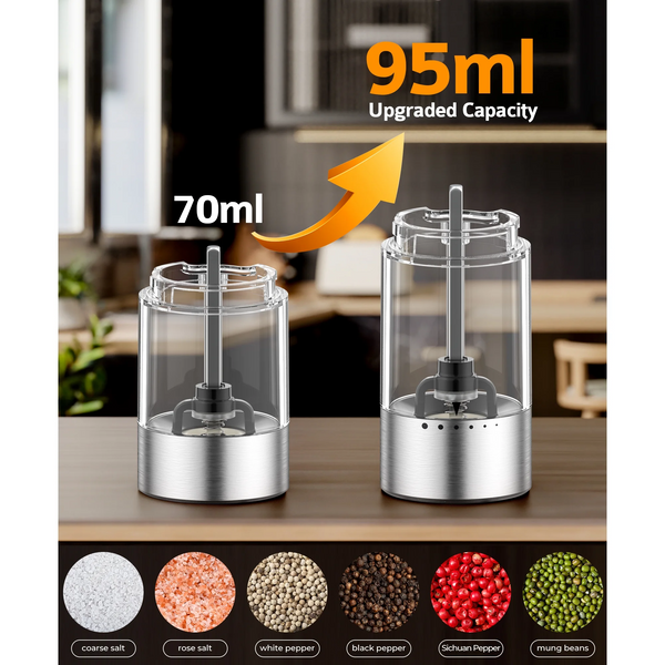 Electric Salt and Pepper Grinder Set, 6 Levels of Adjustable Coarseness, 95ml Auto Pepper Mill Grinder with 2*USB-C Charging Cable, 2 Grinding Speeds, LED White Light, for Kitchen & Outdoor, 2Pack