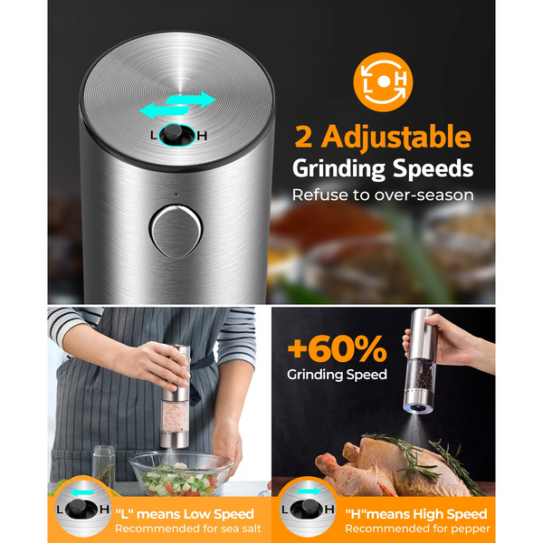 Electric Salt and Pepper Grinder Set, 6 Levels of Adjustable Coarseness, 95ml Auto Pepper Mill Grinder with 2*USB-C Charging Cable, 2 Grinding Speeds, LED White Light, for Kitchen & Outdoor, 2Pack
