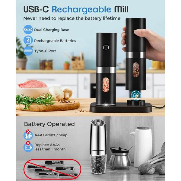 VicTsing Electric Salt and Pepper Grinder Set, Auto Pepper Mill Grinder with Charging Base & 4*Rechargeable Batteries, LED White Light, Adjustable Coarseness, for Kitchen & Outdoor, 2Pack