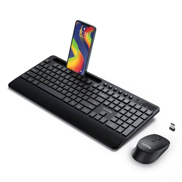 Victsing Wireless Keyboard and Mouse Combo, 6-Button & 3 DPI Silent Wireless Mouse, Sleep Mode, Spill-Resistant, 10 Independent Shortcuts & Phone Holder, 2.4GHz Ergonomic Full Size Keyboard and Mouse