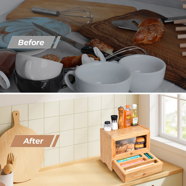 VicTsing Bamboo Bread Box, Corner Bread Box for Kitchen Countertop, Bread Box for Homemade Bread with Window, Bamboo Bread Box for Kitchen Countertop, Pantry Counter Corner