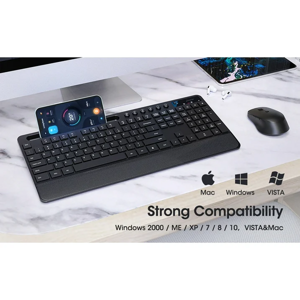 Victsing Wireless Keyboard and Mouse Combo, 6-Button & 3 DPI Silent Wireless Mouse, Sleep Mode, Spill-Resistant, 10 Independent Shortcuts & Phone Holder, 2.4GHz Ergonomic Full Size Keyboard and Mouse