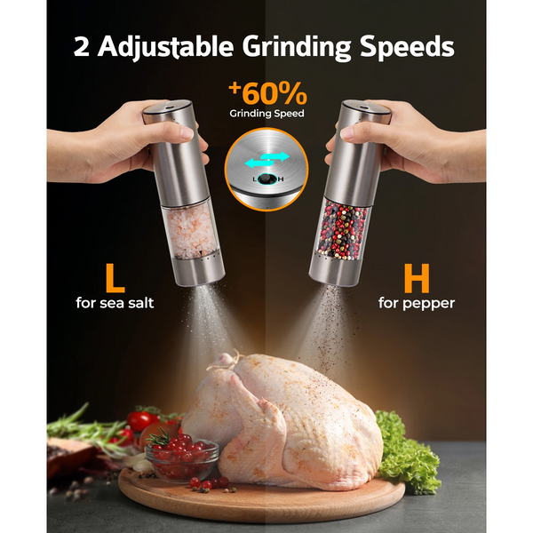 Electric Salt and Pepper Grinder Set, 6 Levels of Adjustable Coarseness, 95ml Auto Pepper Mill Grinder with 2*USB-C Charging Cable, 2 Grinding Speeds, LED White Light, for Kitchen & Outdoor, 2Pack
