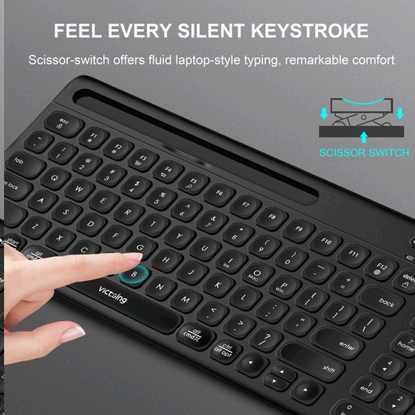 Victsing USB Wireless Keyboard, Dual Mode Bluetooth Keyboard with Integrated Holder for iOS, Mac, Windows and Android