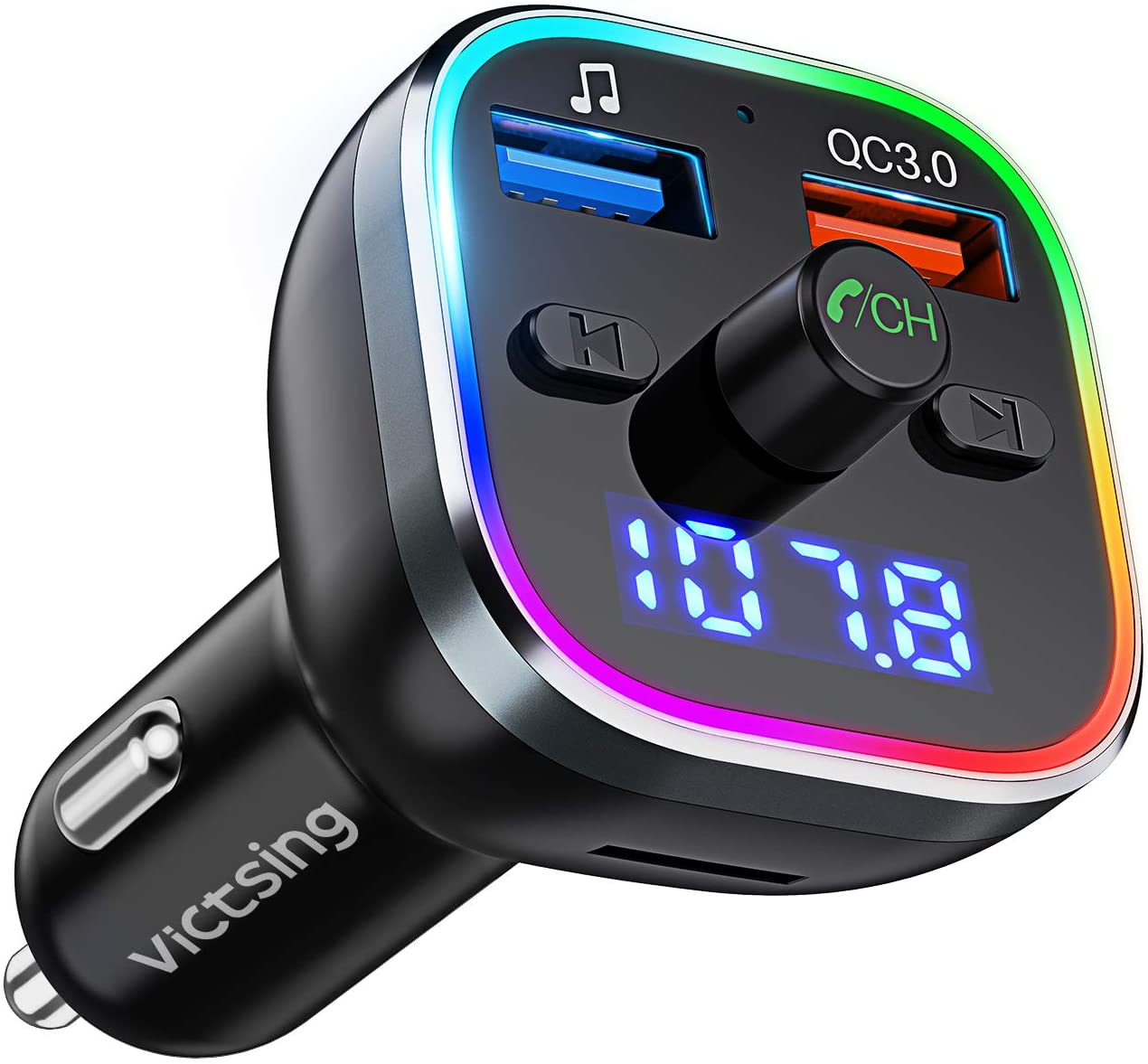 VicTsing FM Transmitter for Car, Bluetooth 5.0 Car Radio Audio Adapter & 6 RGB Colorful Light, MP3 Player Support Hands-free Calling, USB Drive, TF Card,Black