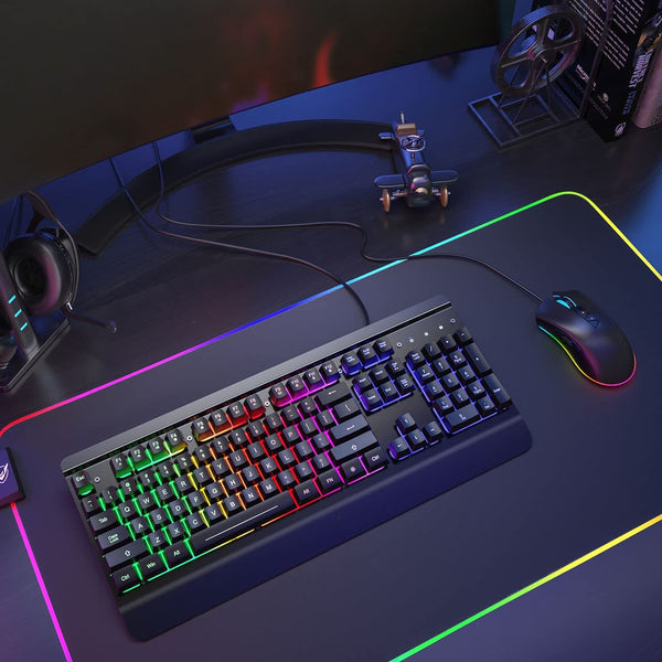 Metal Gaming Keyboard, Rainbow LED Backlit Silent Keyboard with Wrist Rest