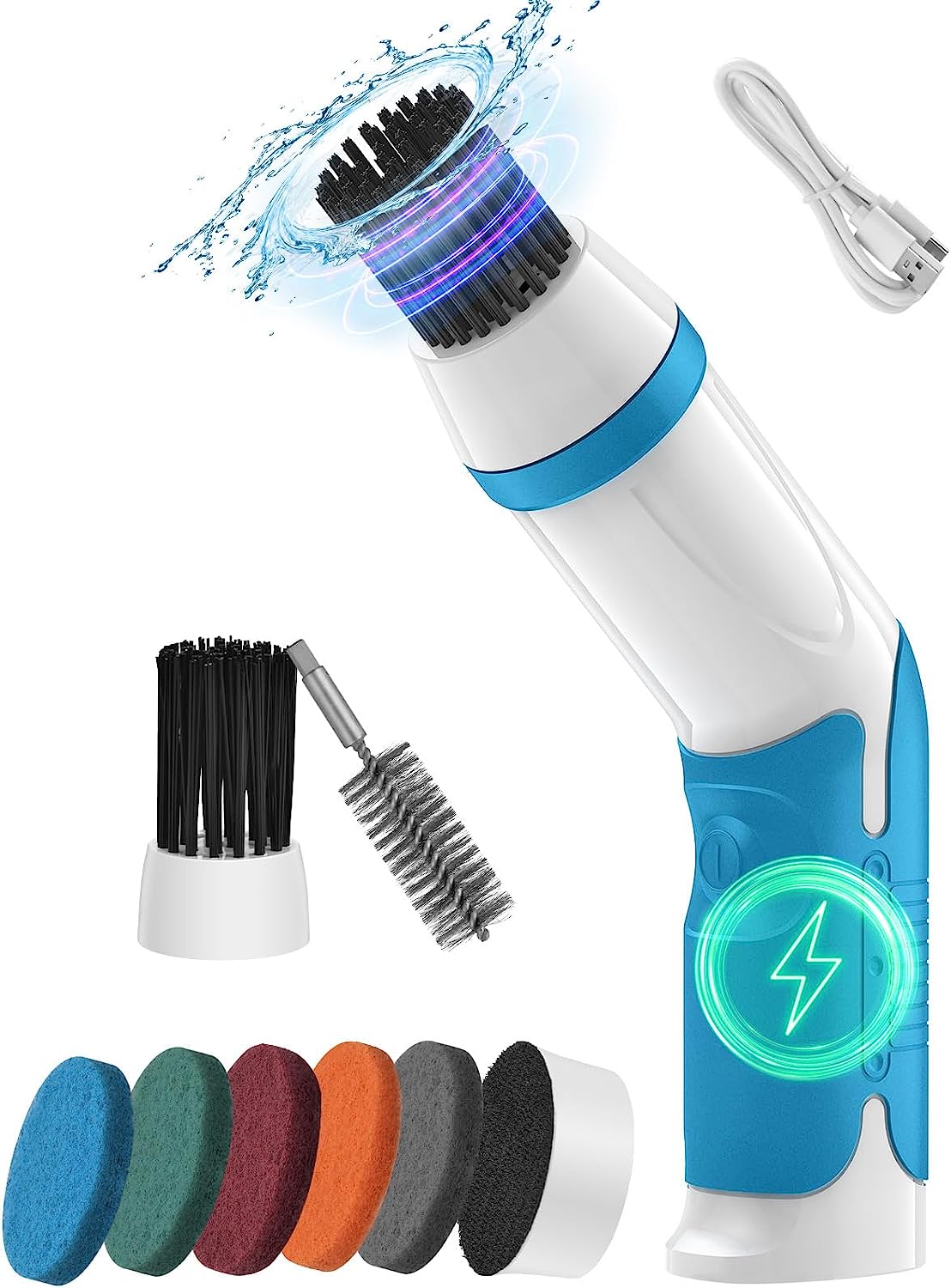 Electric Spin Scrubber, 3-in-1 Electric Kitchen Scrub Brush Set for Kitchen Dishes Grill Sink Oven, IPX7 Waterproof Cordless Kitchen Brush w/Ergonomic Handle, Type-C Charge, 60Mins - Blue