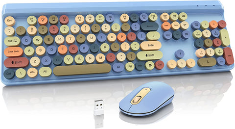 Wireless Keyboard and Mouse Combo Colorful Typewriter Round Keycaps,2.4G USB