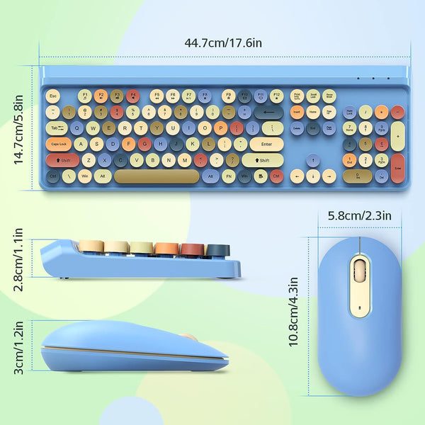 Wireless Keyboard and Mouse Combo Colorful Typewriter Round Keycaps,2.4G USB