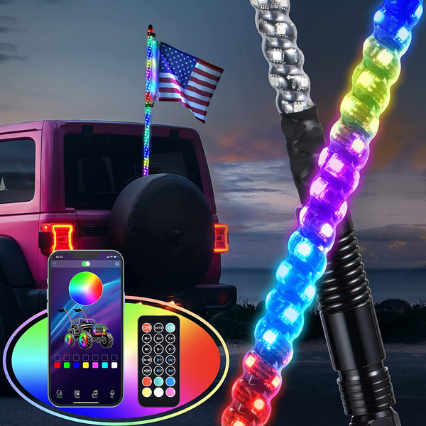Whip Lights, Spring Base Chasing Light Spiral RGB Remote and APP Control, LED Chasing Whip Light 300 Flash Patterns for UTV ATV Off-Road Truck Sand Buggy Dune RZR Can-Am
