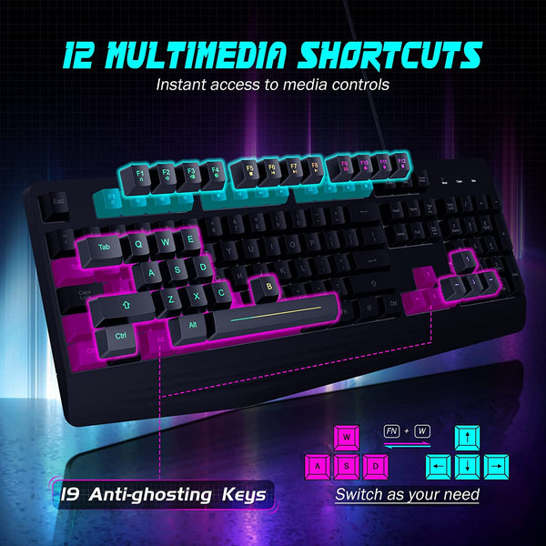 Gaming Keyboard, 7-Color Rainbow LED Backlit, 104 Keys Quiet Light Up Keyboard