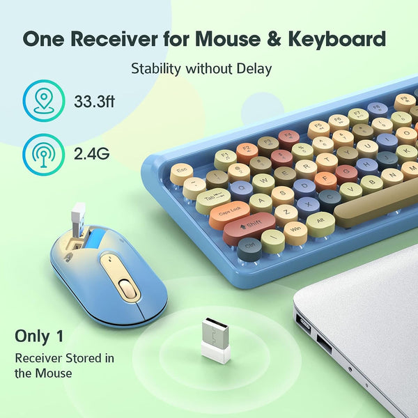 Wireless Keyboard and Mouse Combo Colorful Typewriter Round Keycaps,2.4G USB