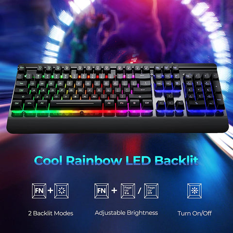Metal Gaming Keyboard, Rainbow LED Backlit Silent Keyboard with Wrist Rest