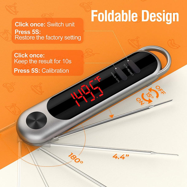 Instant Read Meat Thermometer, Foldable Meat Thermometers for Cooking, Bright Auto-Rotate Screen, Locking & Calibration