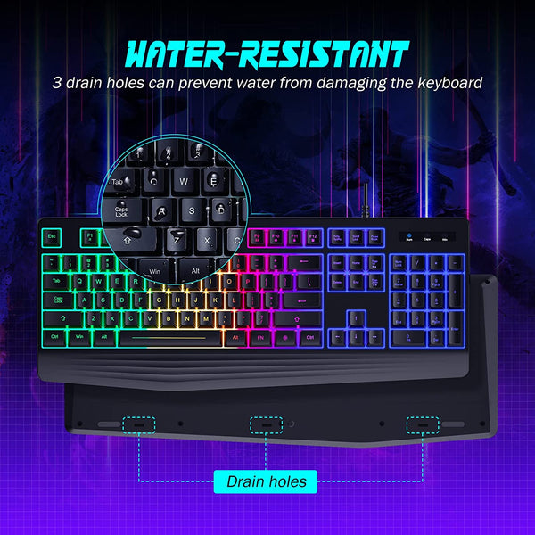 Gaming Keyboard, 7-Color Rainbow LED Backlit, 104 Keys Quiet Light Up Keyboard