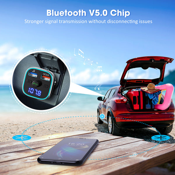 V5.0 Bluetooth FM Transmitter for Car, Hi-Fi Wireless Radio Adapter with RGB Light, QC3.0 Quick Charge