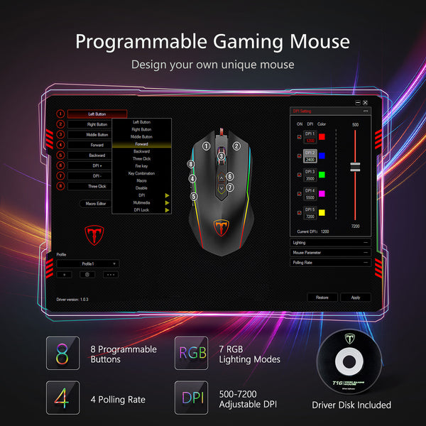 RGB Gaming Mouse Wired, 8 Programmable Buttons