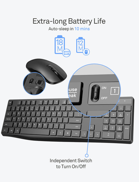 VicTsing Wireless Keyboard and Mouse Combo, 2.4G Wireless Full-size and Spill-resistant Keyboard, 3 DPI (800/1200/1600) Silent Wireless Mouse, Long Battery Life, 12 Combined Multimedia Keys