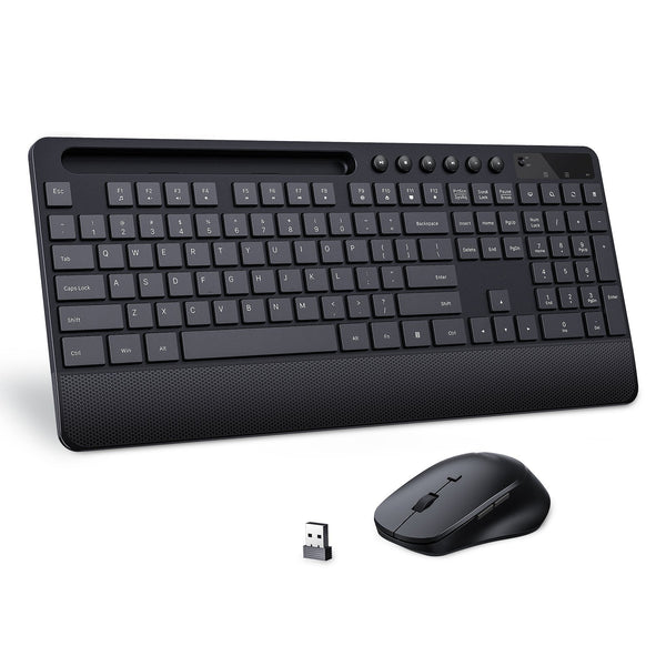 PC321 Ergonomic Wireless Keyboard Mouse Combo with Phone Holder & Shortcuts