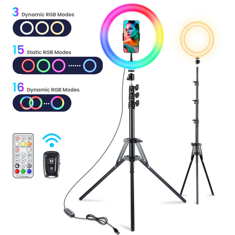 VictSing 10" LED RGB Ring Light with Tripod,  Phone Holder, 2 Remote Control for Selfie, Makeup, Live - Black