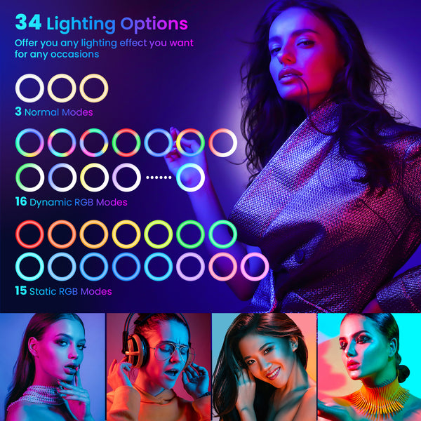 VictSing 10" LED RGB Ring Light with Tripod,  Phone Holder, 2 Remote Control for Selfie, Makeup, Live - Black