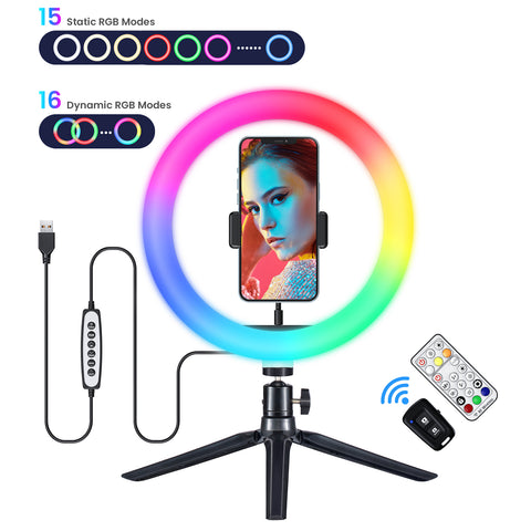 Victsing 10”RGB LED Ring Light with Tripod & Phone Holder & Selfie Shutter for Photography Makeup Live - Black