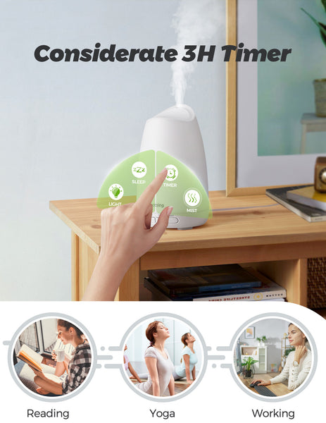 Victsing Essential Oil Diffuser, 150ml Aroma Diffuser Humidifier with Ultra-Quiet Sleep Mode, 8 Light Colors, 3H Timer, Waterless Auto-Off