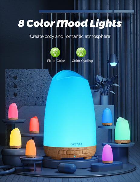 Victsing Essential Oil Diffuser, 150ml Aroma Diffuser Humidifier with Ultra-Quiet Sleep Mode, 8 Light Colors, 3H Timer, Waterless Auto-Off