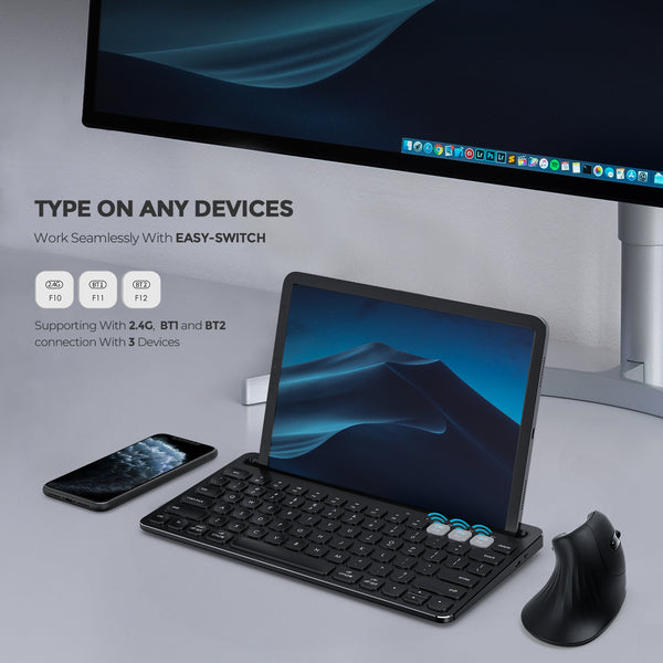 VictSing Multi-Device Wireless Bluetooth Keyboard with Integrated Holder, 2.4G Rechargeable Slim Wireless Keyboard Switch to 3 Devices for Windows/Mac/ Android/iOS System, Black