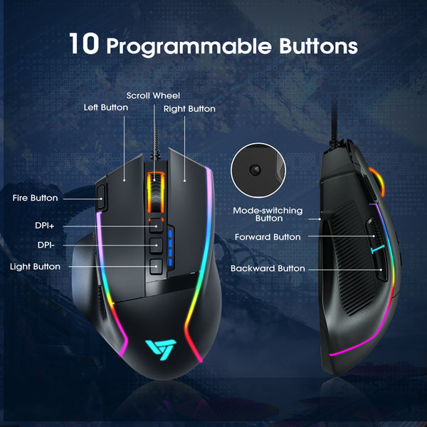 VicTsing Wired RGB Gaming Mouse with 10 Programmable Buttons & Fire Button